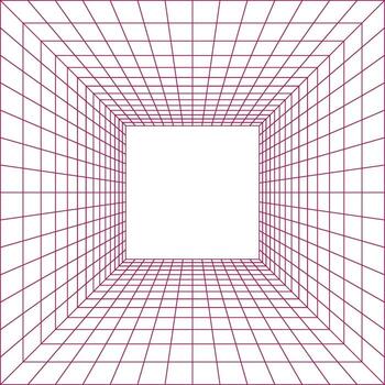 Abstract perspective grid tunnel with glowing white light at the end and pink grid lines vector