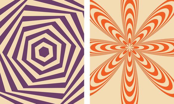 Two abstract geometric optical illusions with swirling patterns and star shapes in purple and red tones vector