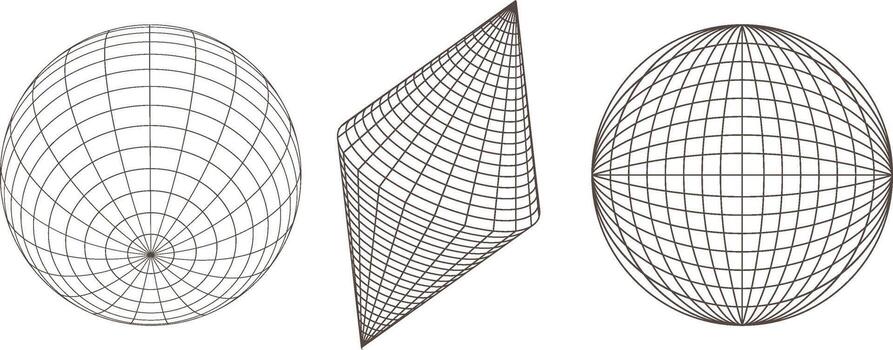 Tres resumen geométrico estructura metálica esferas y un diamante forma con cuadrícula patrones y líneas vector