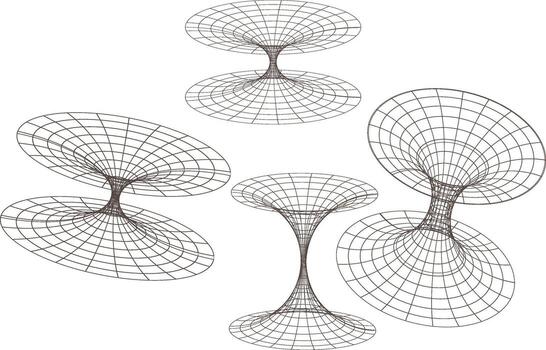 Abstract geometric wireframe shapes resembling hourglasses and interconnected spheres in a minimalist design vector