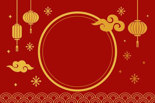 Chinese New Year background with golden lanterns, cloud patterns, and traditional circle frame on red background, elegant festive oriental design for greeting card or invitation. vector