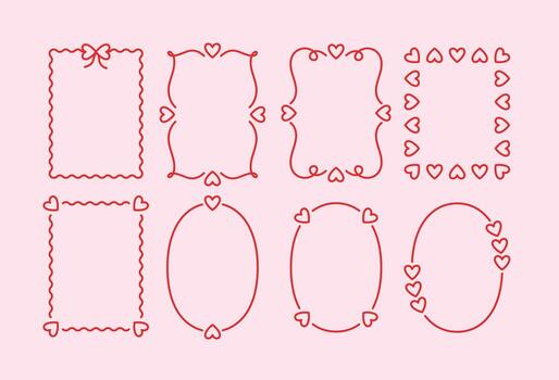 Set of thin linear frames with heart elements for cards and inscriptions for Valentines Day vector