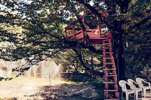Treehouse perched in backyard tree, where kids can create world, inventing games photo