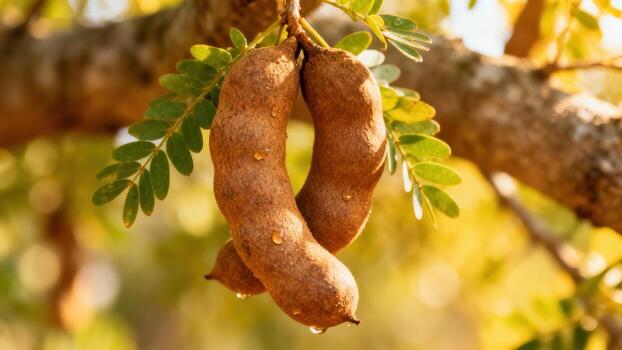 Ripened brown seed pods hang from a tropical tree branch with green foliage and dew drops illuminated by warm sunlight. photo