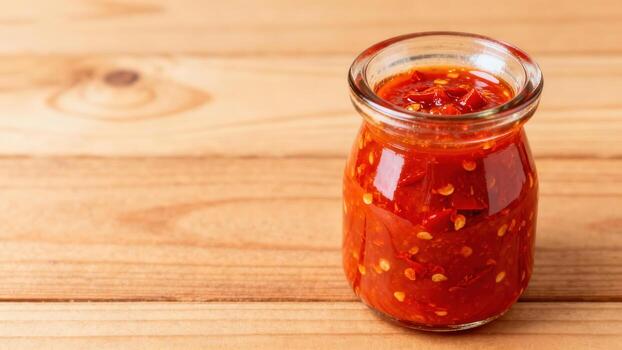 Small glass container filled with bright red, textured chili sauce rests on a wooden surface. photo
