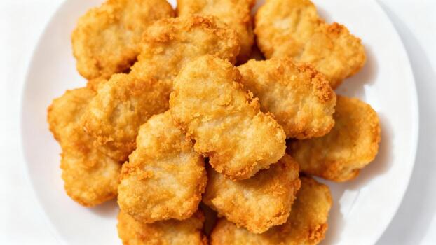 Crispy fried poultry pieces piled high on a plain white dish photo
