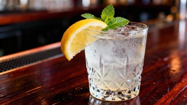 Refreshing clear beverage with citrus slice and mint garnish rests on a polished wooden counter photo