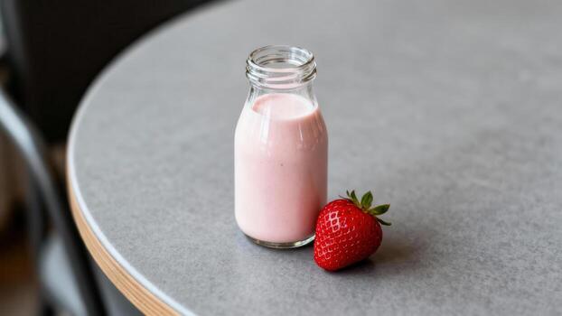 Glass container filled with pink dairy beverage rests beside fresh red berry on a flat surface photo