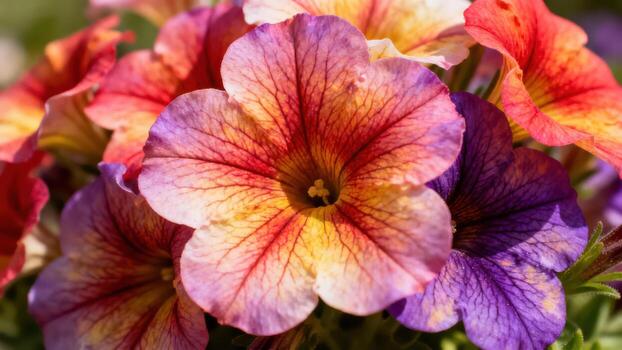 Cluster of vibrant flowering garden blooms displaying multiple colors and intricate patterns photo