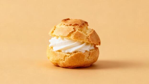 Golden baked pastry shell filled generously with fluffy white cream sits centered against a warm plain background. photo