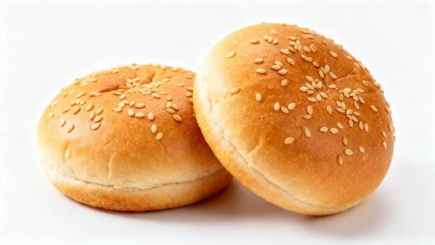 Two golden brown baked rolls topped with sesame seeds rest on a plain white background photo