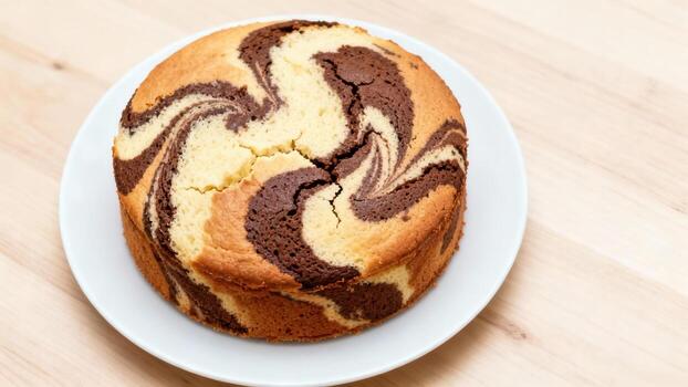 Whole baked marble cake displays swirling patterns of vanilla and chocolate batter resting on a white plate. photo