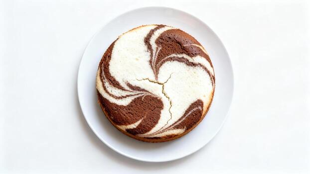 Round marble cake featuring contrasting light and dark swirls presented on a plain white dish from above photo
