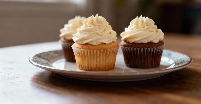 Three frosted small cakes rest upon a decorative ceramic plate set on a wooden surface. photo