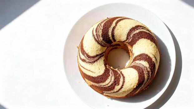 Ring shape baked confection displays swirling patterns of vanilla and chocolate batter photo