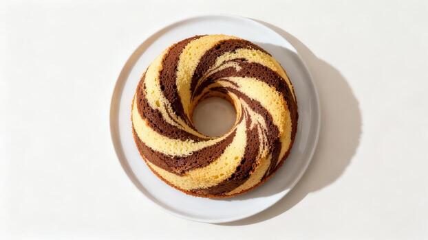 Circular baked confection featuring contrasting dark and light swirling patterns rests on a white dish. photo