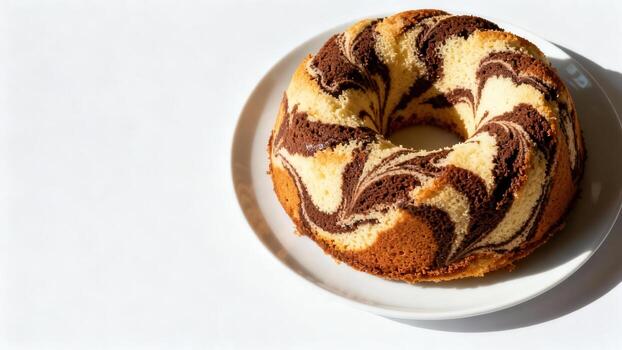Ring shaped sponge confection displays distinct chocolate and vanilla marbling patterns photo
