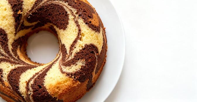 Ring shaped cake with chocolate and vanilla swirls sits on a white surface photo