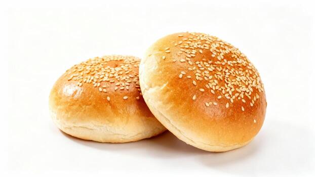 Two golden brown round bread rolls topped with sesame seeds are displayed against a bright white background. photo
