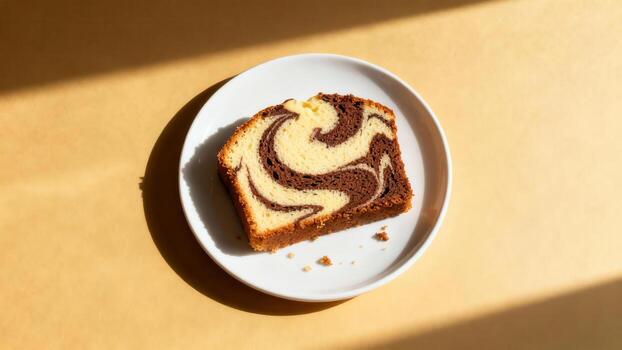 Single slice of swirled chocolate and vanilla pound cake rests on a white plate under bright sunlight photo