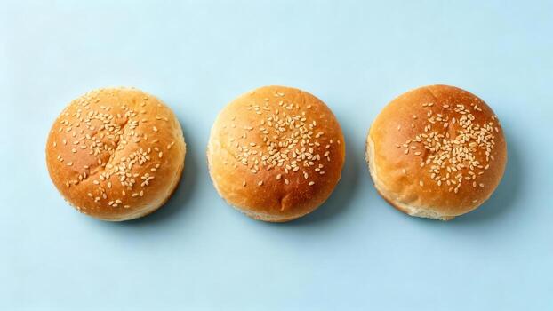 Three golden baked bread rolls topped with sesame seeds are aligned horizontally above a light blue background photo