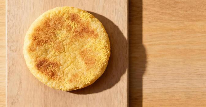 Round yellow flatbread creation rests upon a wooden cutting board surface under strong illumination photo