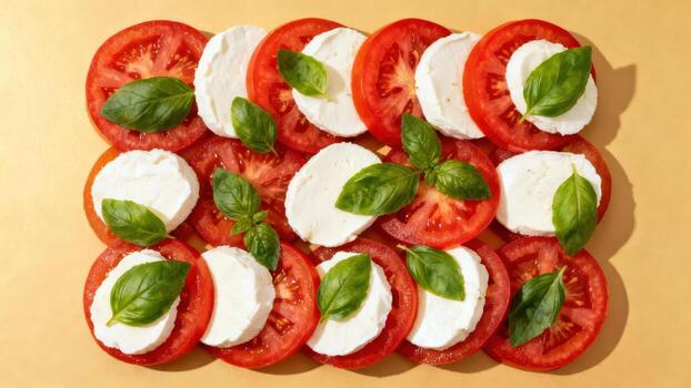 Slices of fresh red tomato alternate with white cheese rounds and green basil leaves arranged neatly on a neutral background. photo