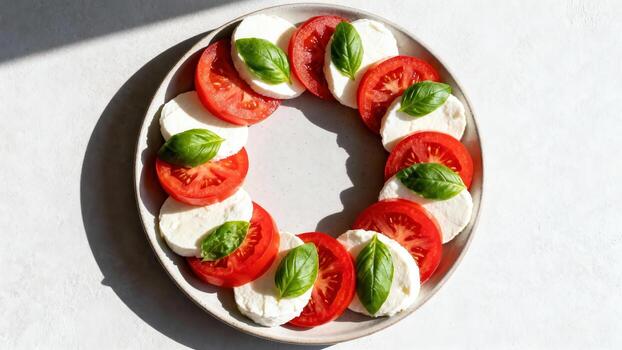 Slices of fresh cheese and ripe tomato garnished with green leaves arranged in a circle on a plate photo