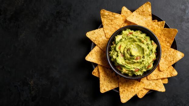 Freshly prepared creamy dip with crisp corn triangles arranged on a dark surface photo