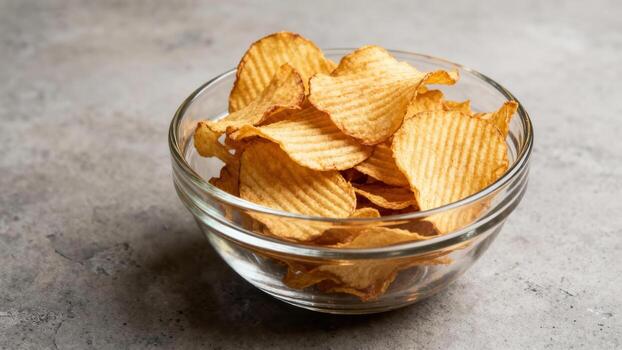 Crispy, ridged snack pieces fill a clear glass container resting on a textured gray surface. photo