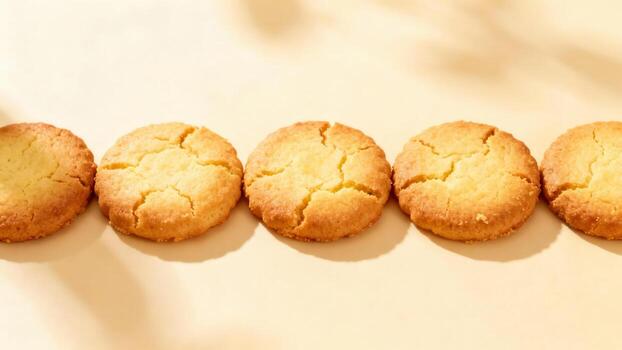 Row of golden baked shortbread style cookies displayed against a light background with dramatic shadows photo