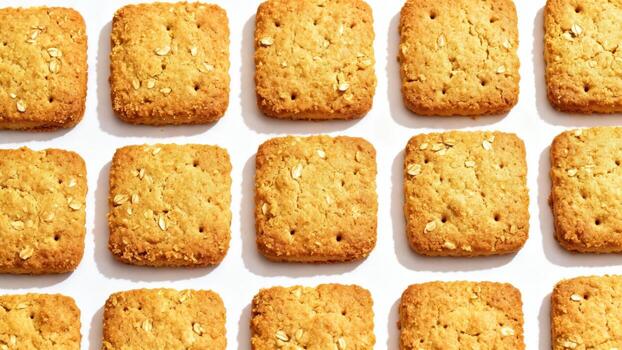 dorado horneado avena galletas son arreglado en un limpio, repitiendo modelo en contra un brillante antecedentes. foto