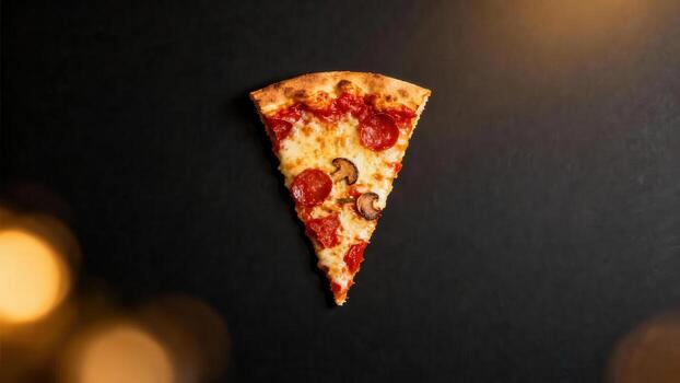 Single slice of pepperoni and mushroom pizza rests on a dark surface. photo