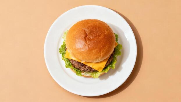 Simple cheeseburger on a white plate with ample negative space. photo
