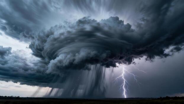 Dramatic thunderstorm with lightning strikes and heavy rain clouds. photo