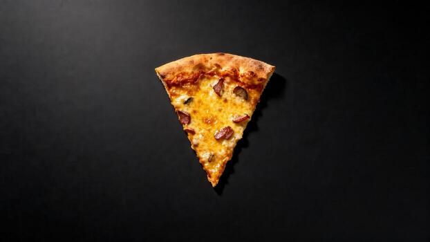 Delicious slice of pizza with toppings on dark background. photo