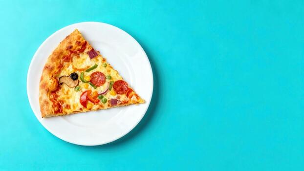 Delicious slice of pizza with colorful toppings on a white plate. photo