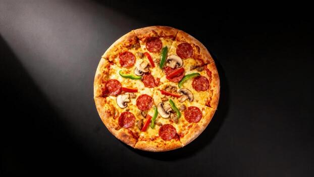 Pepperoni and mushroom pizza with green peppers and red onions on black background. photo