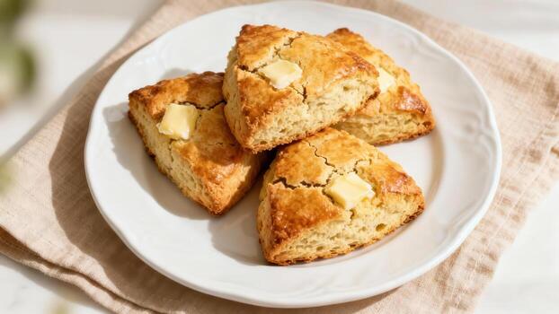 Four freshly baked triangular pastries topped with pats of butter rest on a white serving dish photo