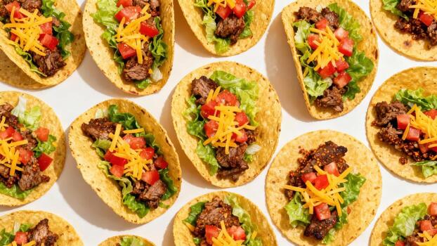 Assortment of crisp corn shells filled with seasoned meat, lettuce, tomato, and shredded cheese are arranged on a white surface. photo