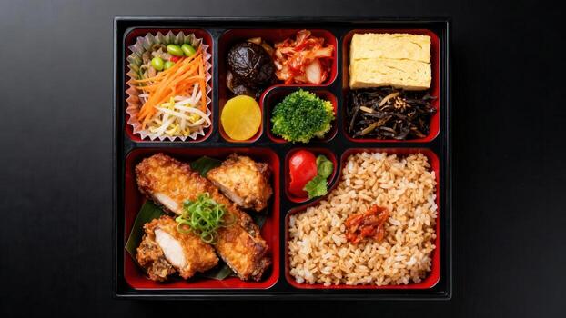 Carefully arranged assortment of Japanese fried chicken and rice presented in a compartmentalized container photo