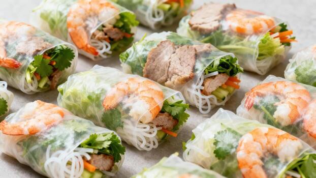 Plump shrimp and sliced meat fill translucent rice paper rolls arranged on a surface photo