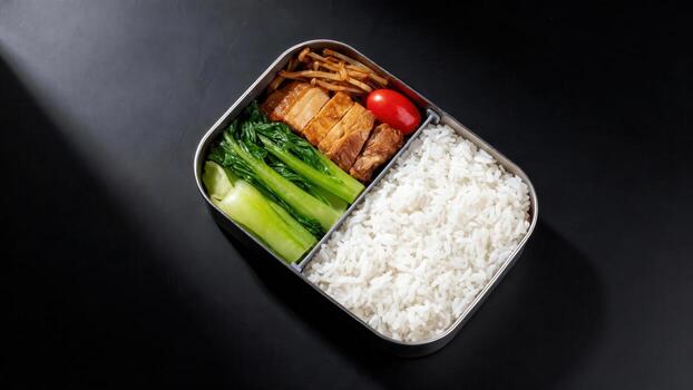 Prepared meal featuring cooked meat, green vegetables, rice, and garnish inside a metal container viewed from above photo
