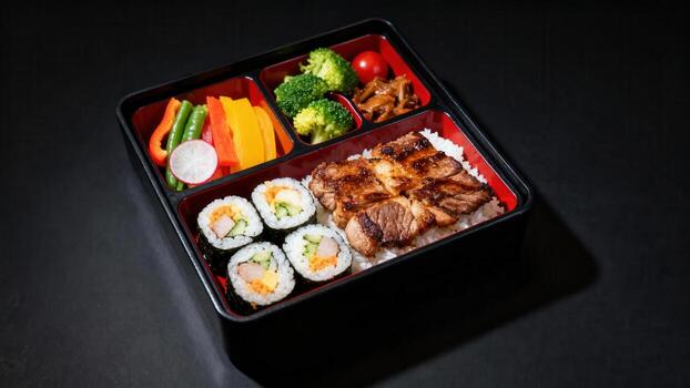 Compartmentalized takeout container displays grilled meat over rice, sushi rolls, and mixed vegetables photo
