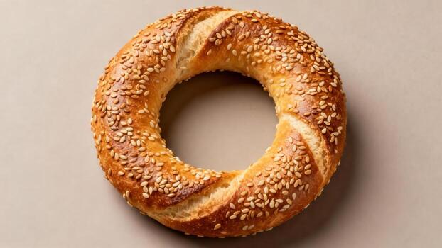 Ring shaped sesame seed bread product rests on a muted background photo