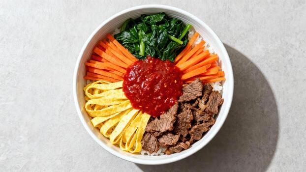 Bowl of colorful mixed rice dish arranged attractively with meat and vegetables photo