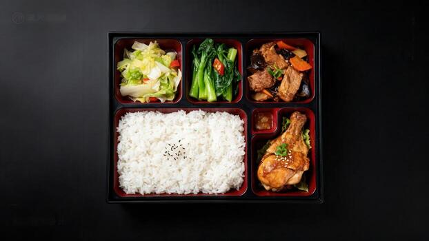 Asian style prepared meal presented in a partitioned container with white rice and assorted savory side dishes photo