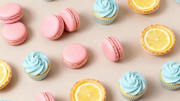 Assortment of pink macarons, blue frosted miniature cakes, and lemon tarts arranged on a neutral background photo