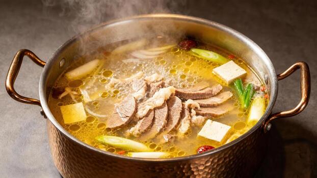 Steaming copper pot of savory broth filled with sliced meat and tofu simmers on a dark surface photo