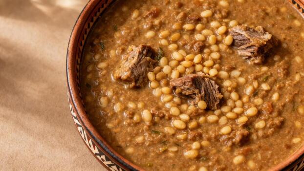 Hearty bean and meat stew served warm in a rustic patterned earthenware bowl. photo
